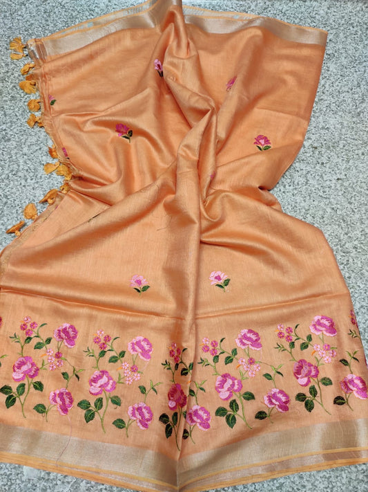 Pure linen silk hand emboidery work saree