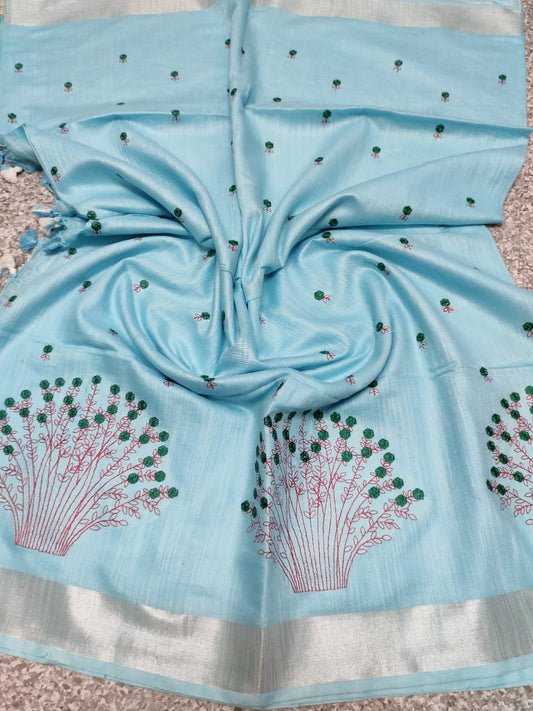 Pure linen silk hand emboidery work saree