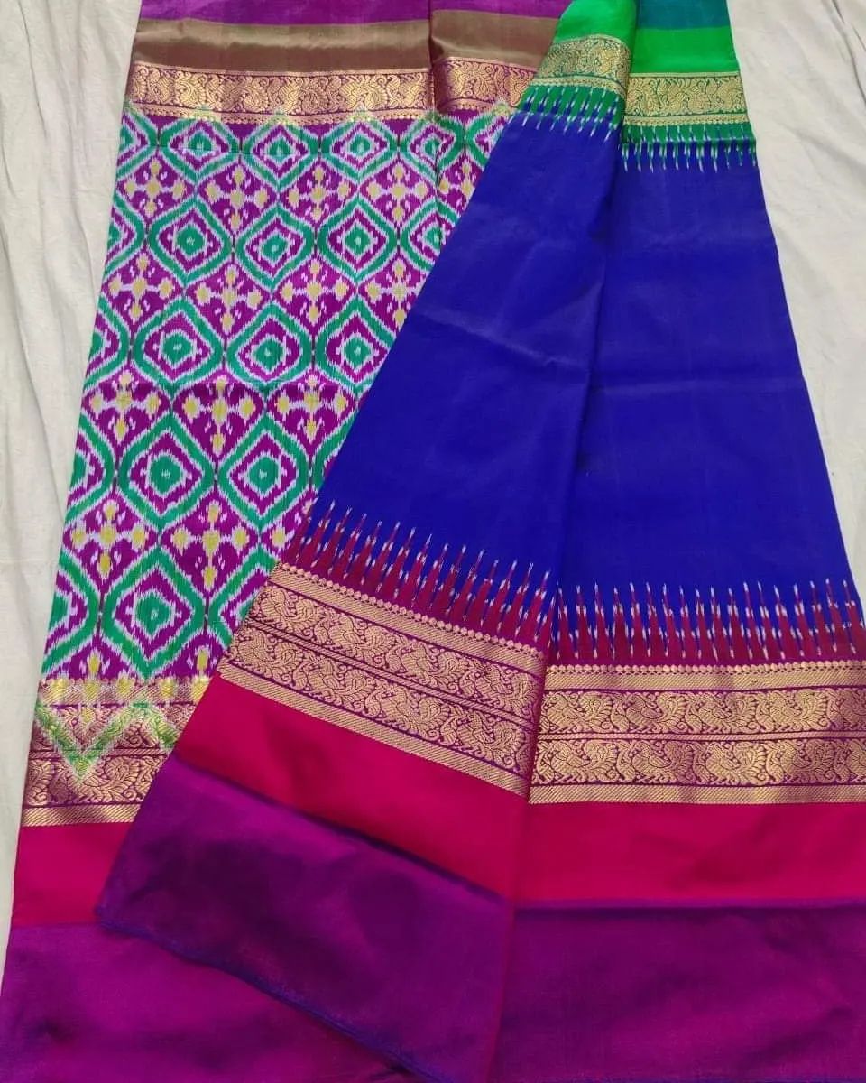 Pochampally ikkat pure silk kanchi border with pallu design &running blouse saree