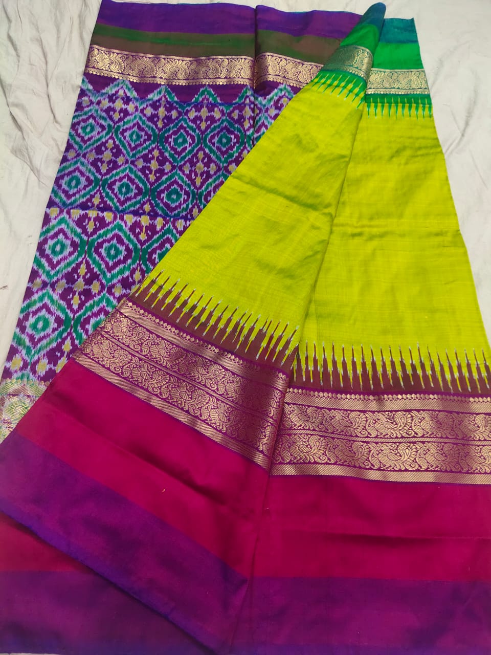 Pochampally ikkat pure silk kanchi border with pallu design & running blouse saree